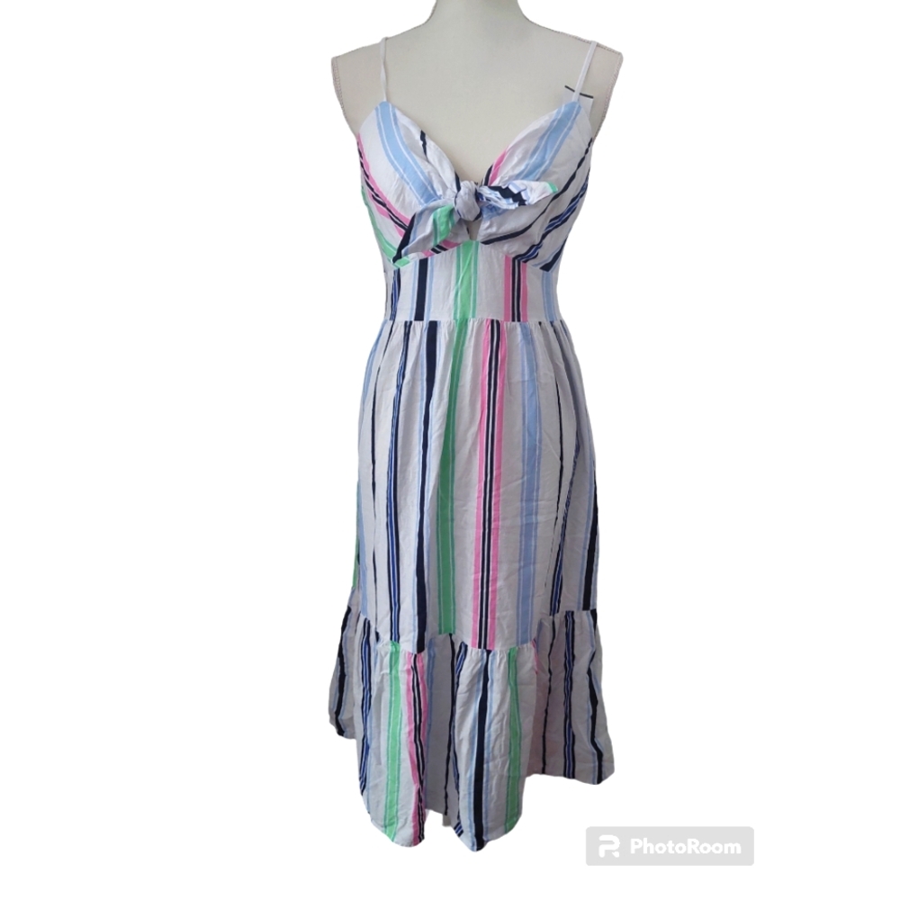Loft Tiered Midi Dress Womens size size 2‎ Stripes Cotton Blend Beach Vacation